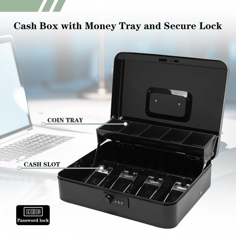 PACOLO Secure Locking Cash Box with Key or comnination, Money Tray, and Organizer - Metal Money Safe for Cash Management, 11.8" x 9.4" x 3.5" (Black Combination) - Image 3